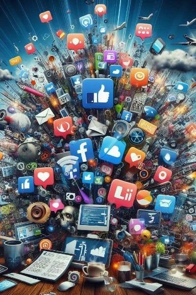 Image showing burst of social media icons coming out of working desk depicting overload