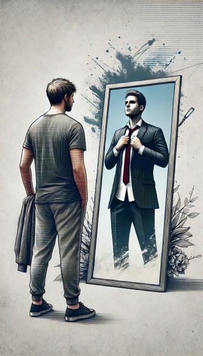 A person in casual clothes looking into a mirror, seeing a sharp, professional reflection, symbolizing self-deception.