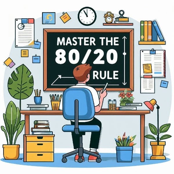 An individual sitting on office desk with a board in front with text - Master the 80/20 Rule