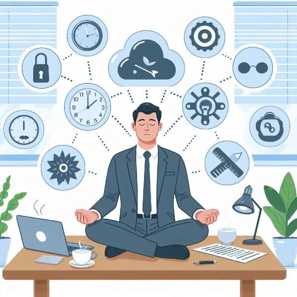 Image showing an individual meditating at work to improve productivity