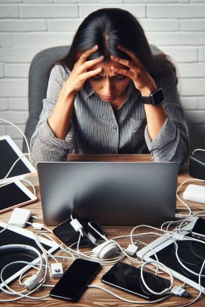 Person surrounded by digital devices and looking stressed 