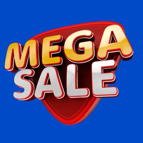 A mega sale sign on a blue background