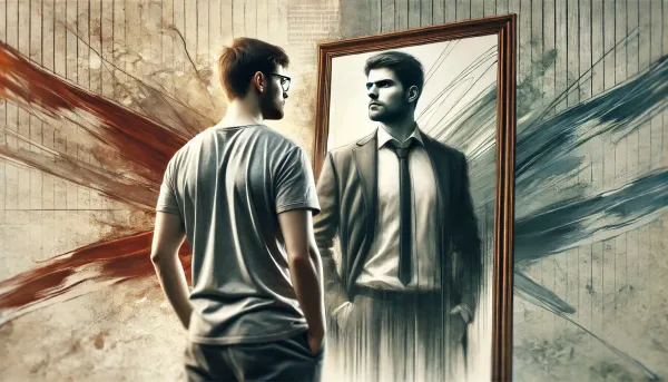 Person in casual clothes looking into a mirror, seeing a sharp, professional reflection, symbolizing self-deception.