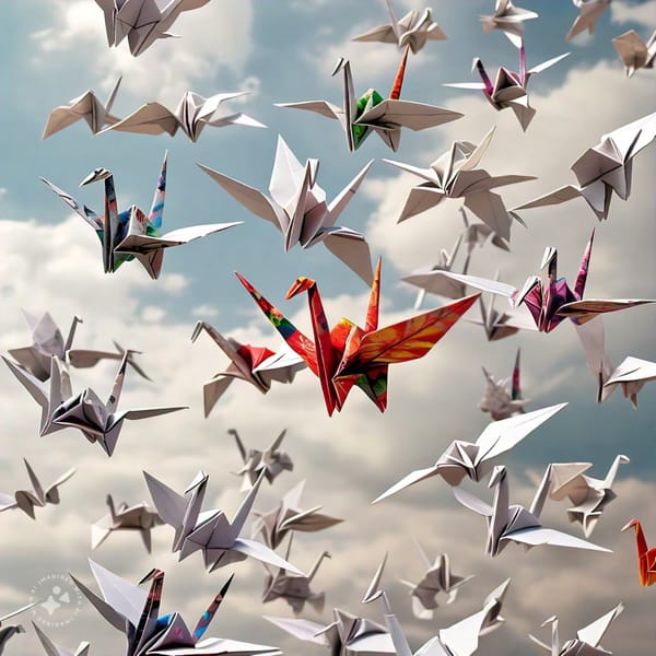 A colorful origami crane flying opposite to a flock of white paper cranes implying non-conformity